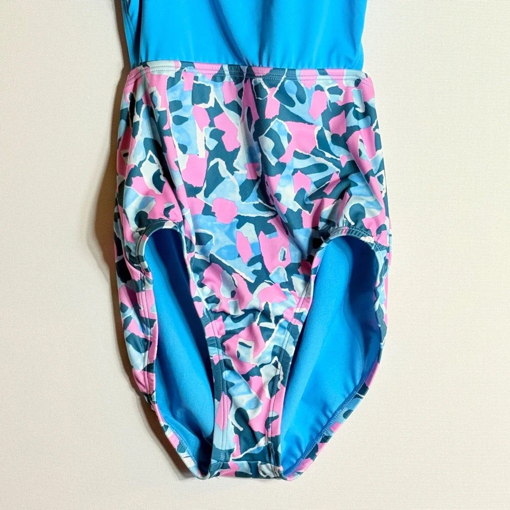 NEW Nike‎ Girls Large Swimsuit Blue Pink Strappy Open Back Athletic Sporty